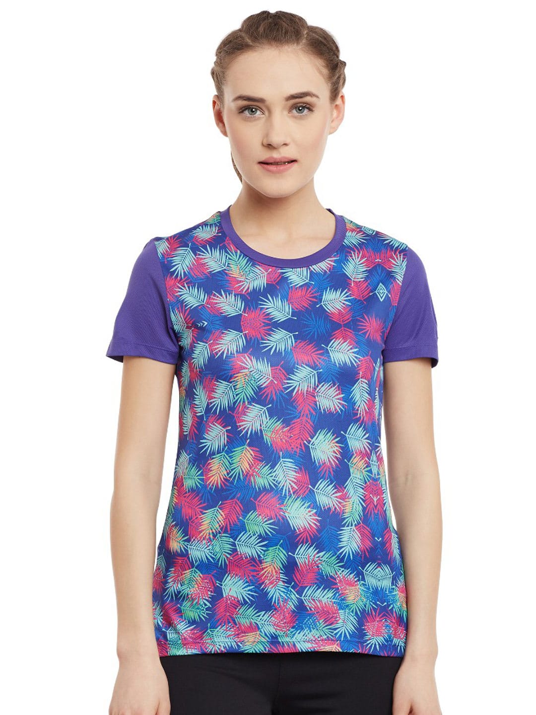 Alcis Women Purple Printed Round Neck YOGA FLOW AND GO T-shirt AKYGWTP1060140-S
