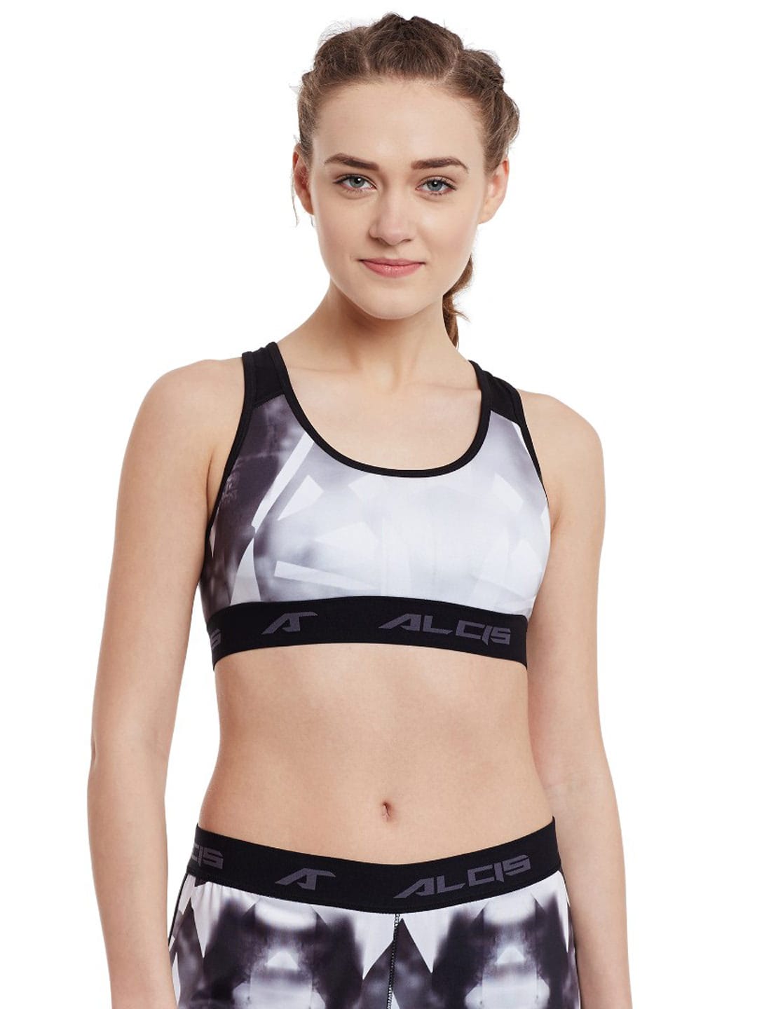 Alcis Off-White & Black Printed Training Sports Bra ALWTP158474 ALWTP158474 ALWTP158474-XS