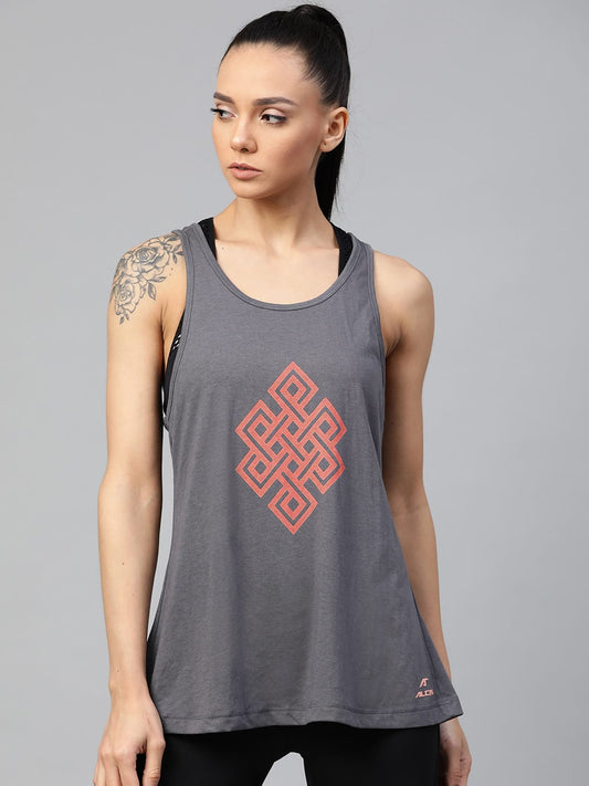 Alcis Women Charcoal Grey & Coral Orange Printed Styled Back Top ALWYT134407-XS