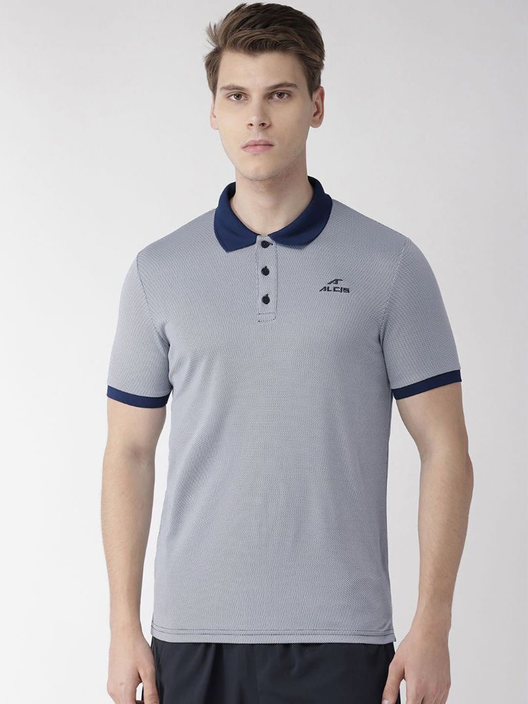 Alcis Men Navy Blue White Slim Fit Self Design Polo Collar T-shirt ANPMJACQ023-S
