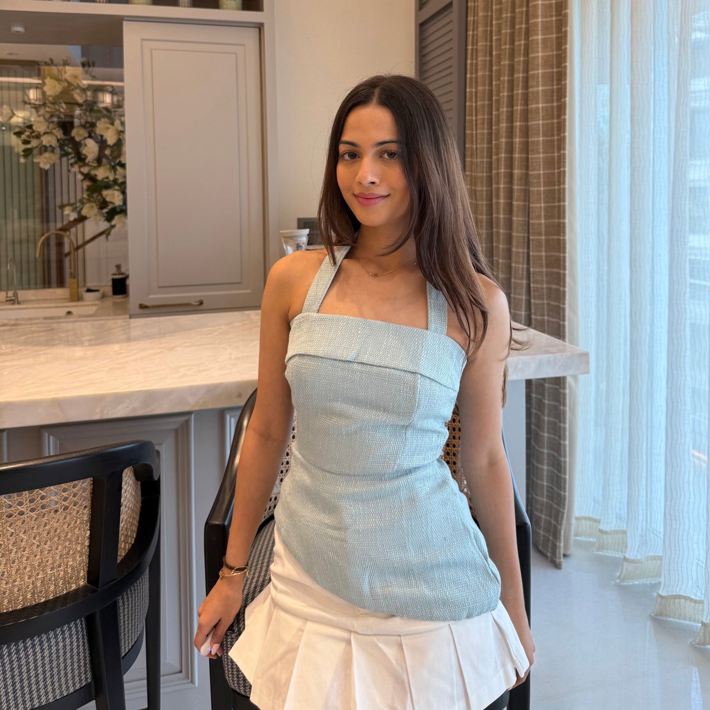 Audrey Tweed Top Light Blue + Sia Skirt
