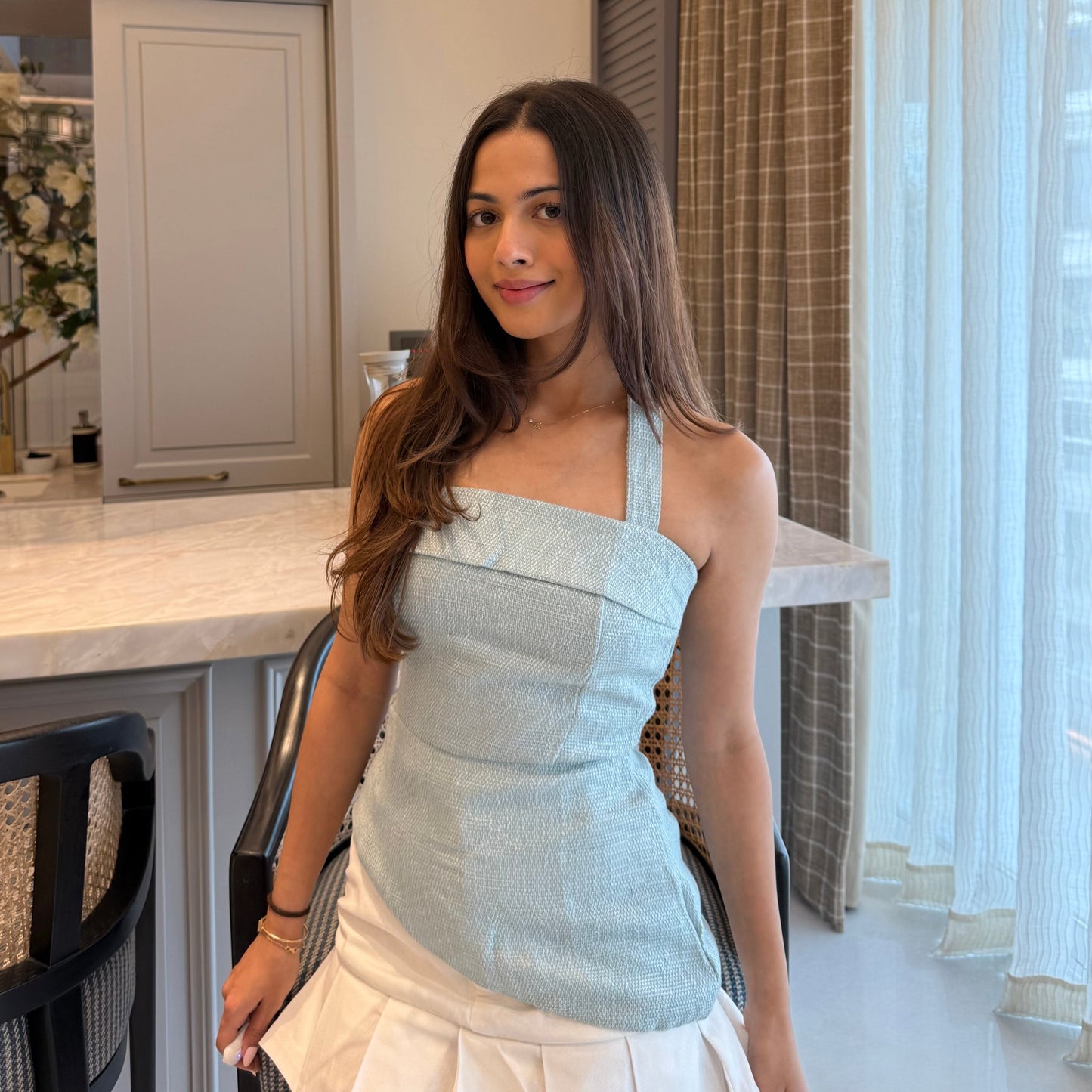 Audrey Tweed Top Light Blue + Sia Skirt