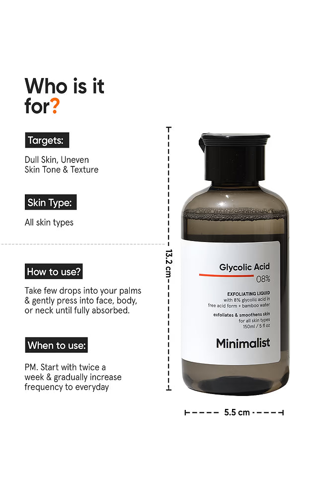 Minimalist 8% Glycolic Acid Toner For Glowing Skin | Body, Face, & Scalp Men Women 150 MILLI_LITRE