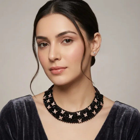 Black Beaded Butterfly Statement Necklace For Women
