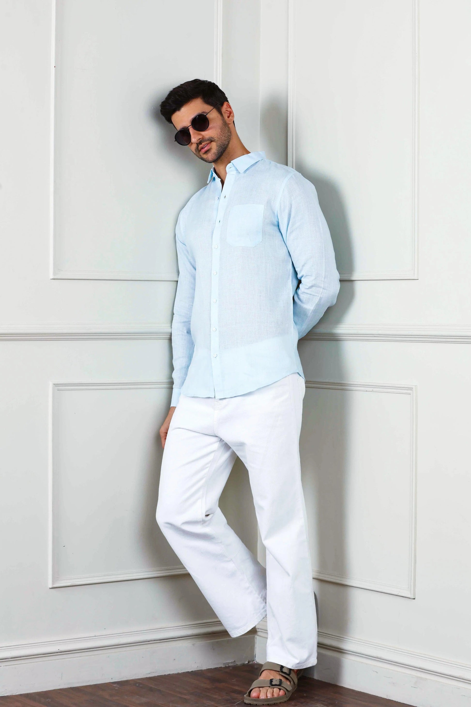 Men's Linen Long Sleeves Baby Blue Shirt Vellure