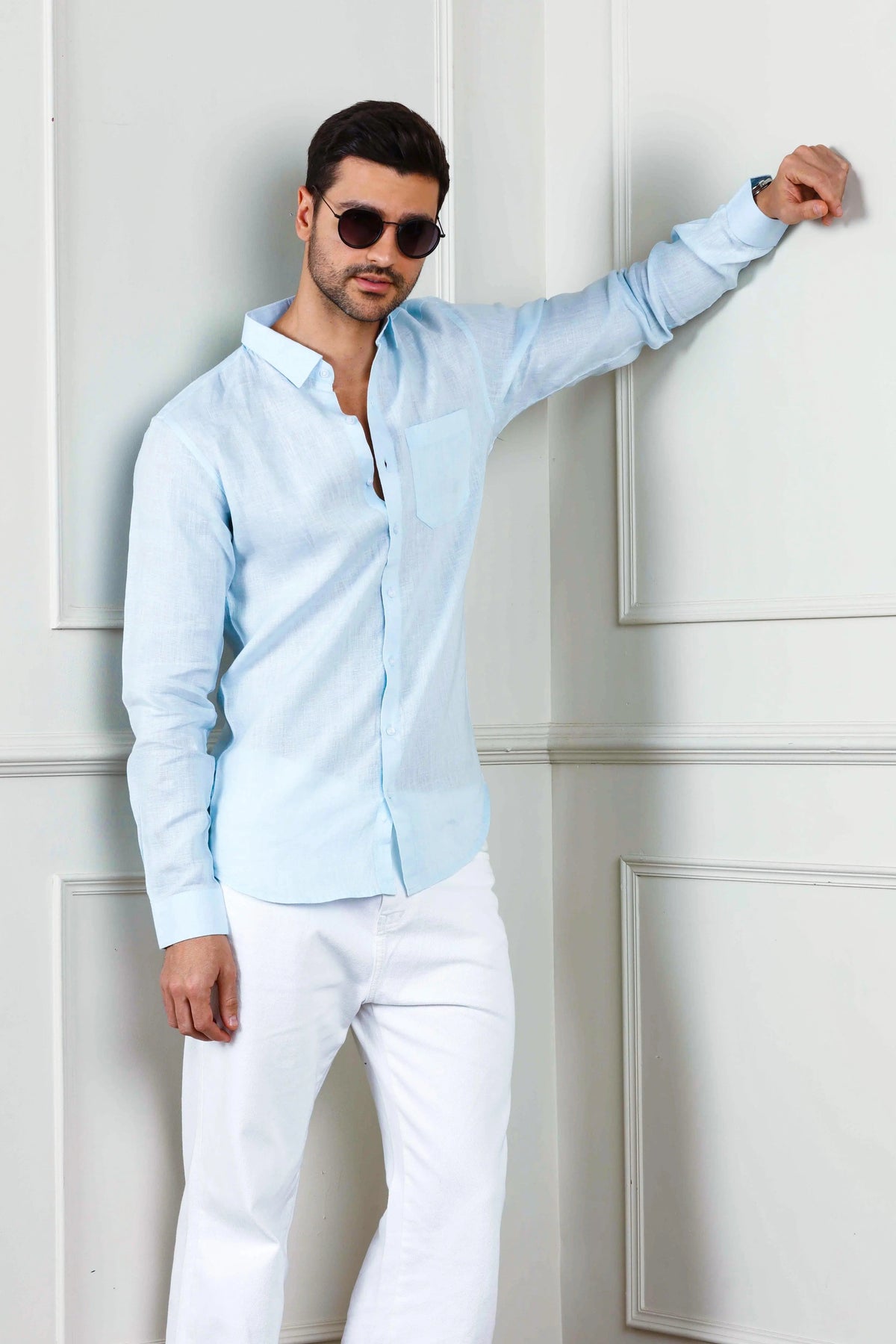 Men's Linen Long Sleeves Baby Blue Shirt Vellure