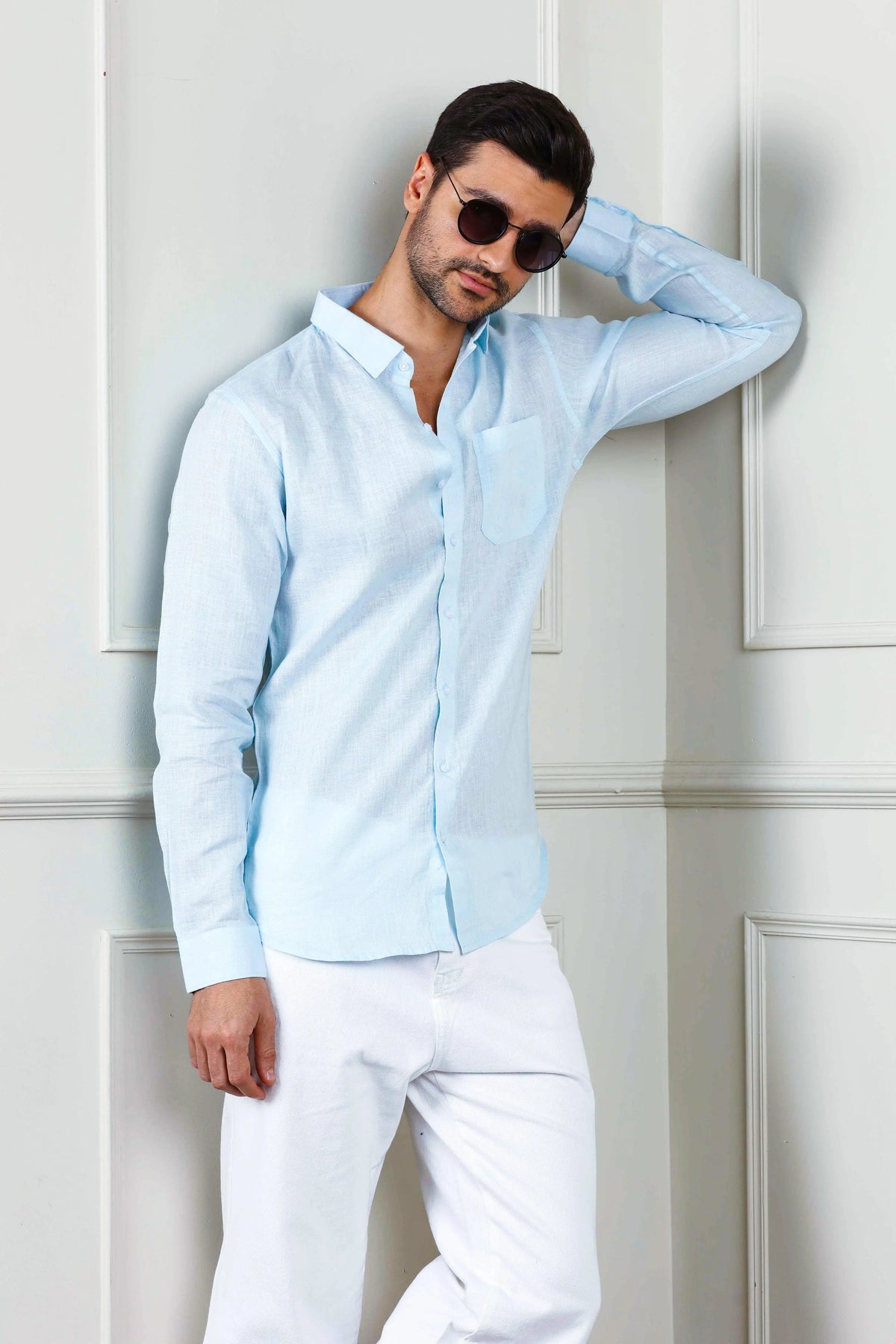 Men's Linen Long Sleeves Baby Blue Shirt Vellure