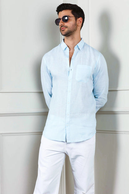 Men's Linen Long Sleeves Baby Blue Shirt Vellure
