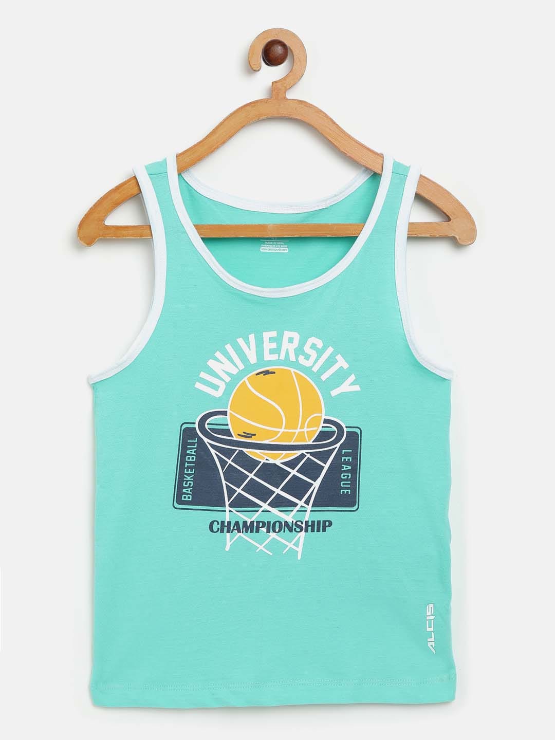 Alcis Boys Sea Green Navy Basketball Print Round Neck Outdoor T-shirt BAS20C716710-4Y