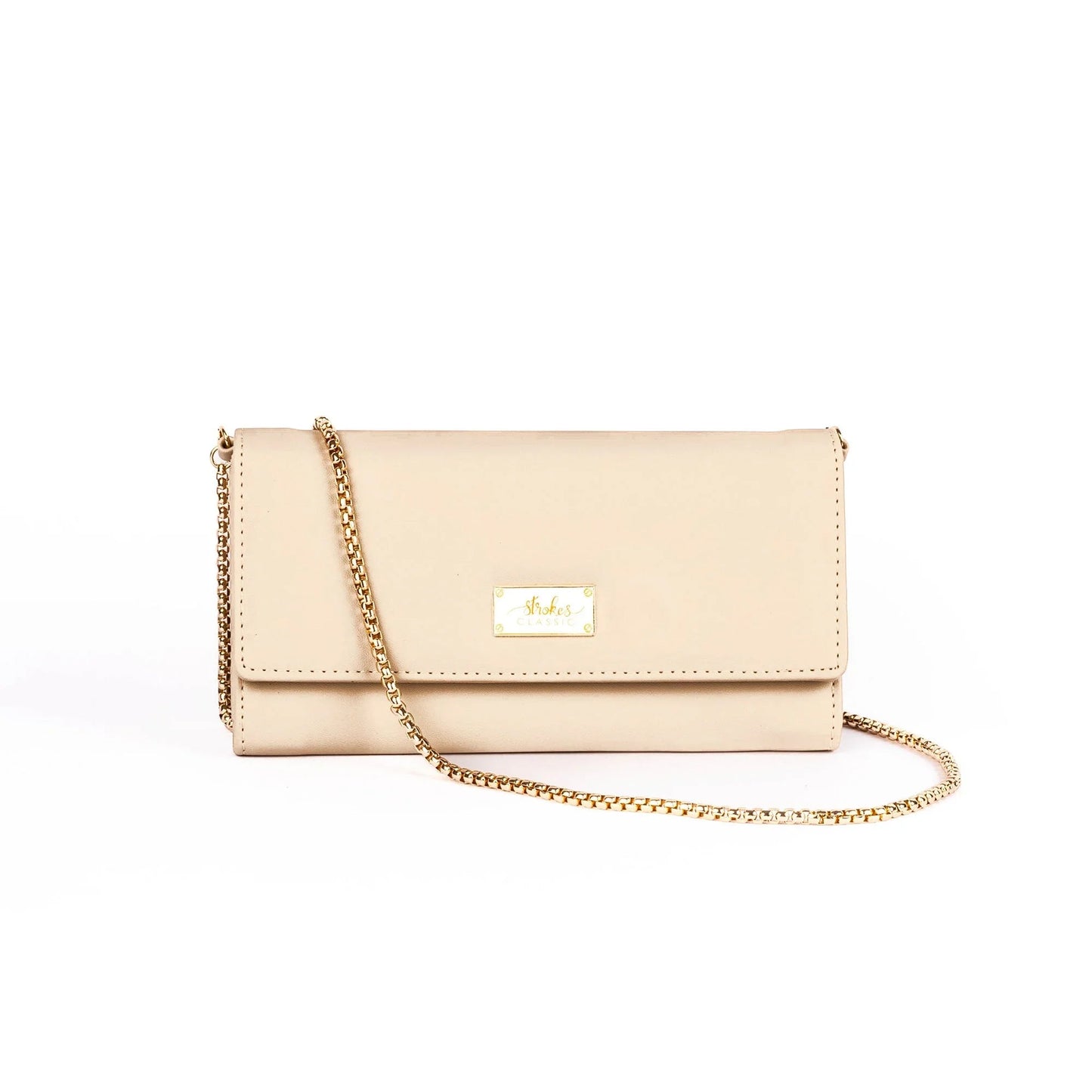 Beige wallet with chain for women featuring a sleek design and stylish gold accents