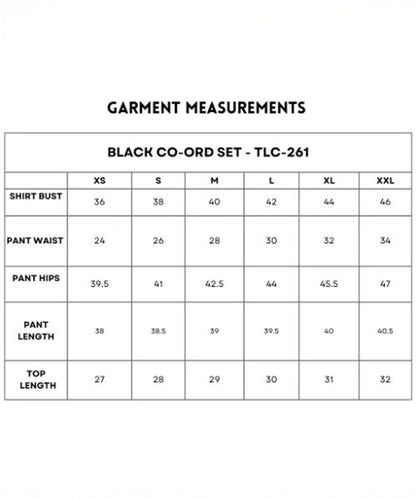 Garment measurement chart for the black co-ord set for women detailing sizes XS to XXL