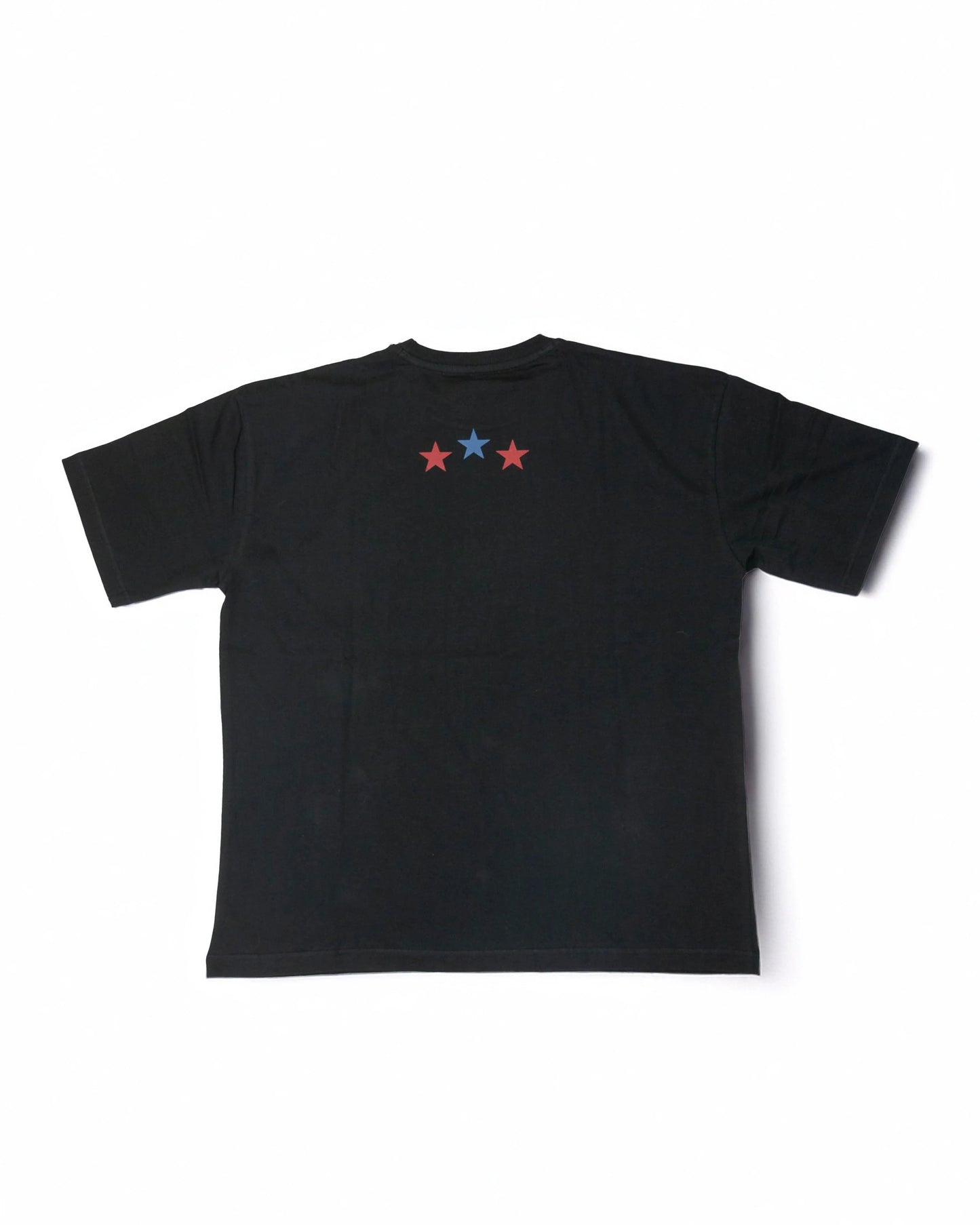 Stylstpls black oversized crew neck t-shirt featuring red and blue star design on the back