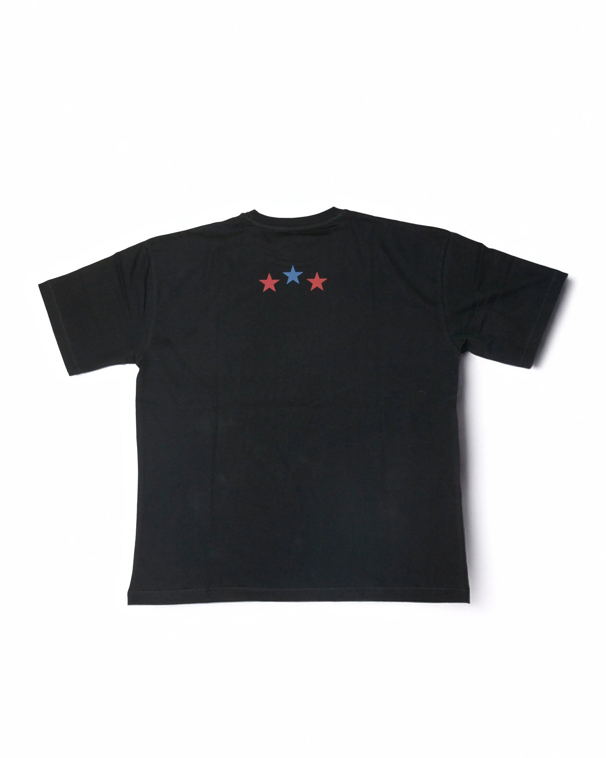 Stylstpls black oversized crew neck t-shirt featuring red and blue star design on the back