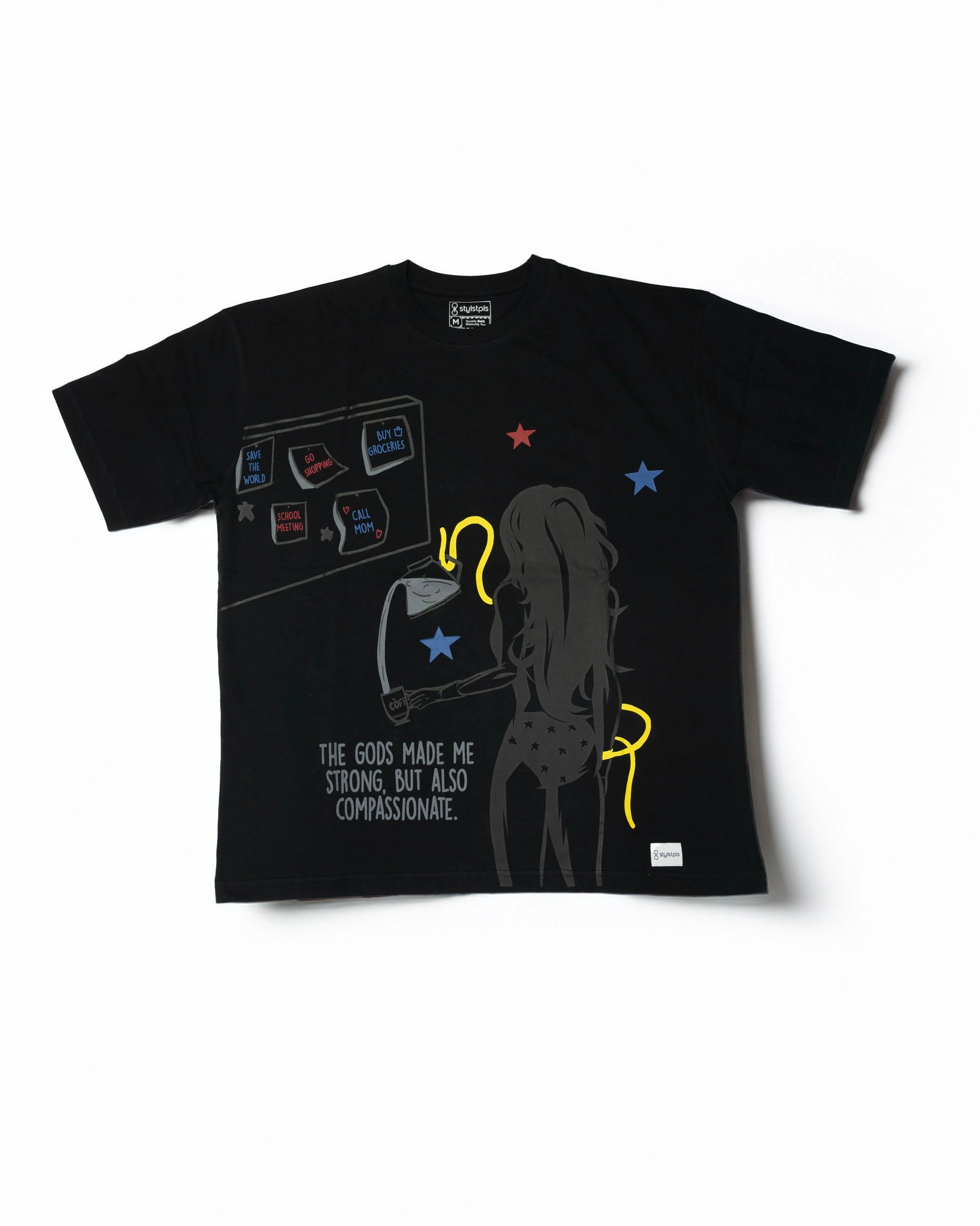 Stylstpls black oversized crew neck t-shirt featuring a graphic design and text for a stylish look
