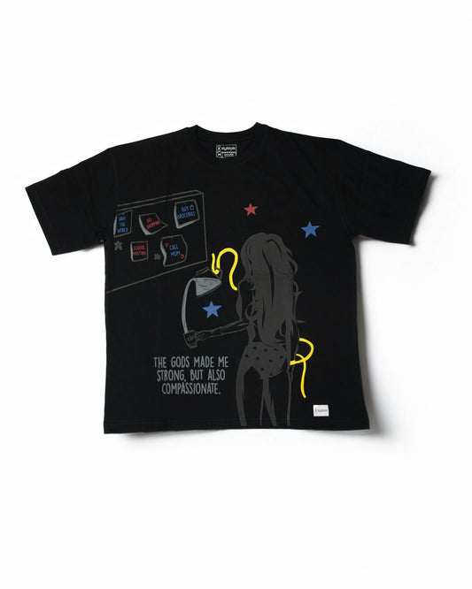 Stylstpls black oversized crew neck t-shirt featuring a graphic design and text for a stylish look