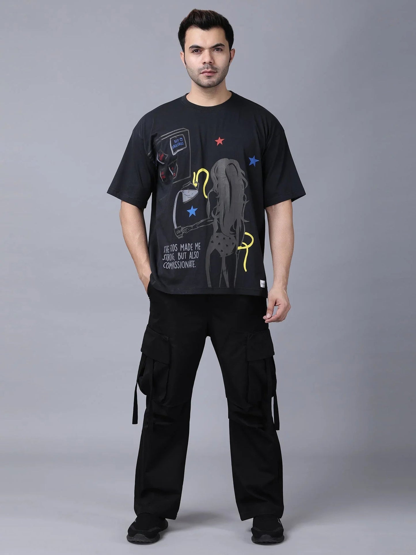 Stylstpls black oversized crew neck t-shirt featuring a graphic design and relaxed fit
