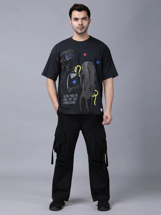 Stylstpls black oversized crew neck t-shirt featuring a graphic design and relaxed fit