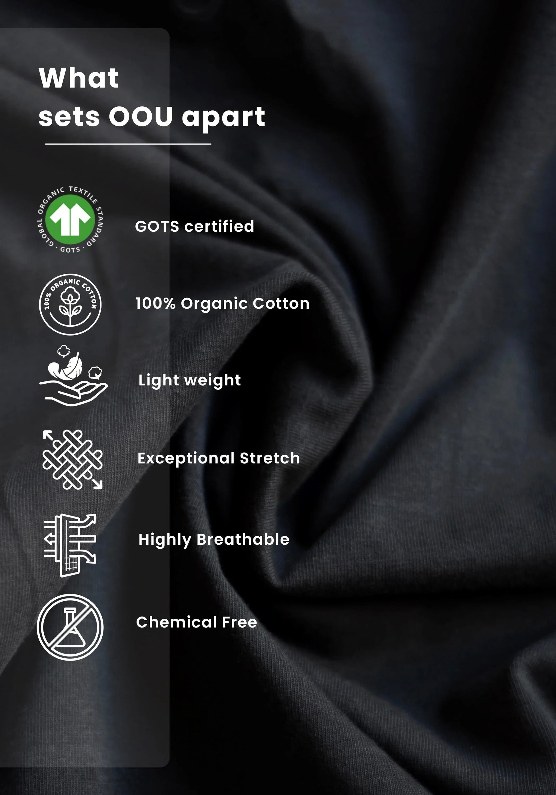 Close-up of black fabric featuring benefits of Stylera black print t-shirt for women including organic cotton and breathability
