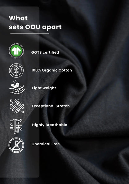 Close-up of black fabric featuring benefits of Stylera black print t-shirt for women including organic cotton and breathability