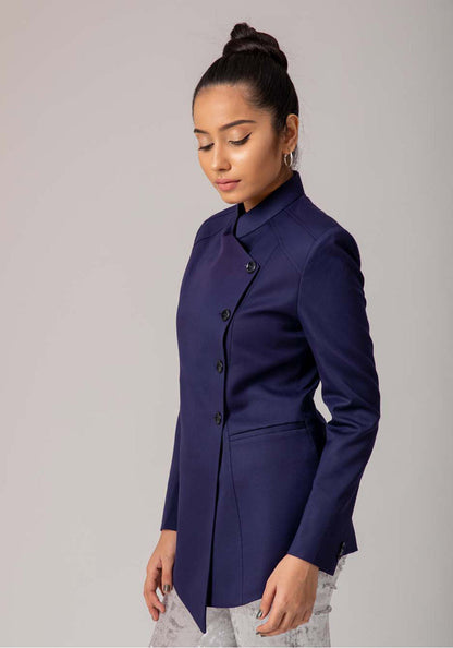 Blazer with Stand Collar- Navy Blue