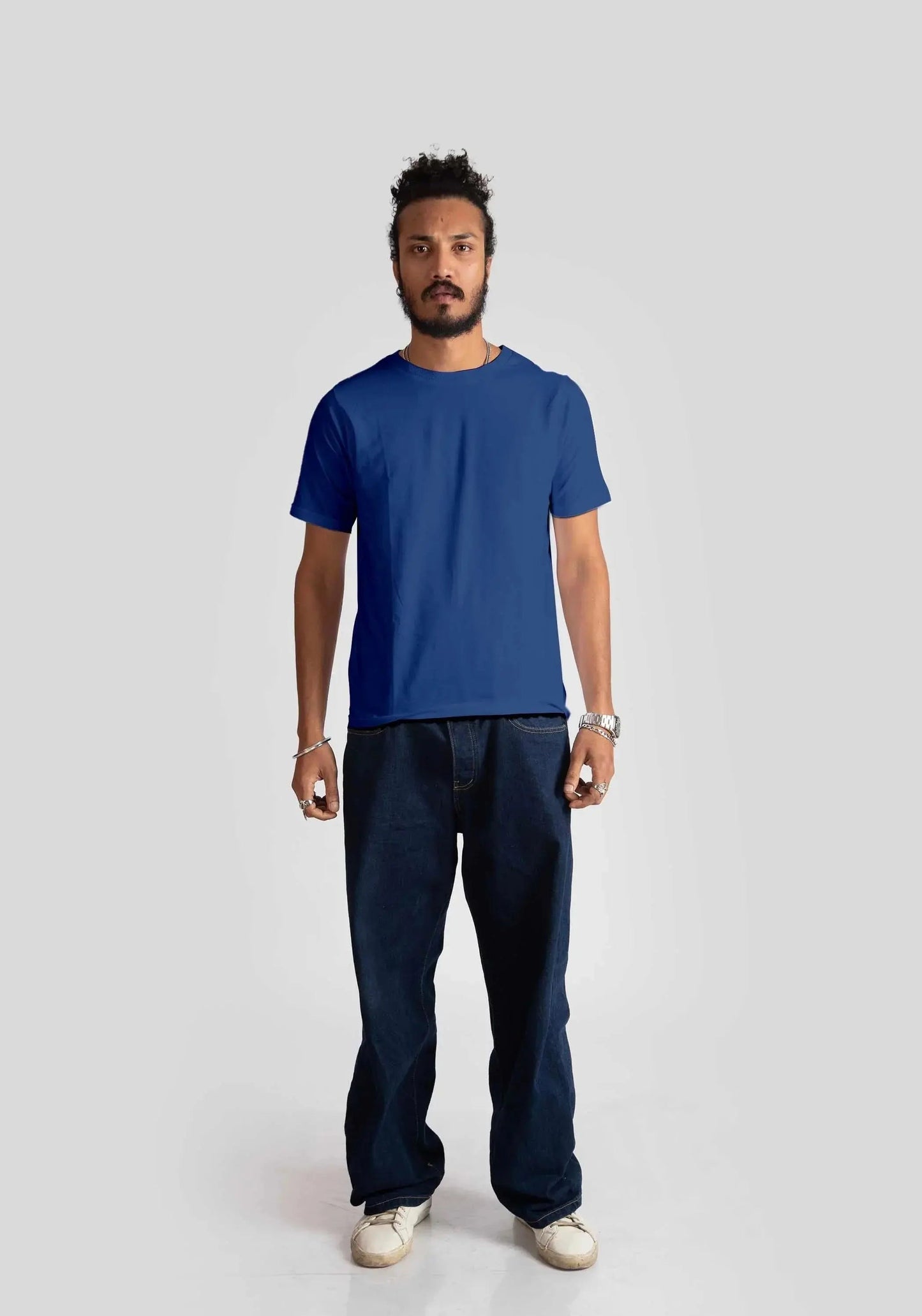 Stylera blue jacquard regular fit t-shirt worn by male model with dark jeans and white sneakers
