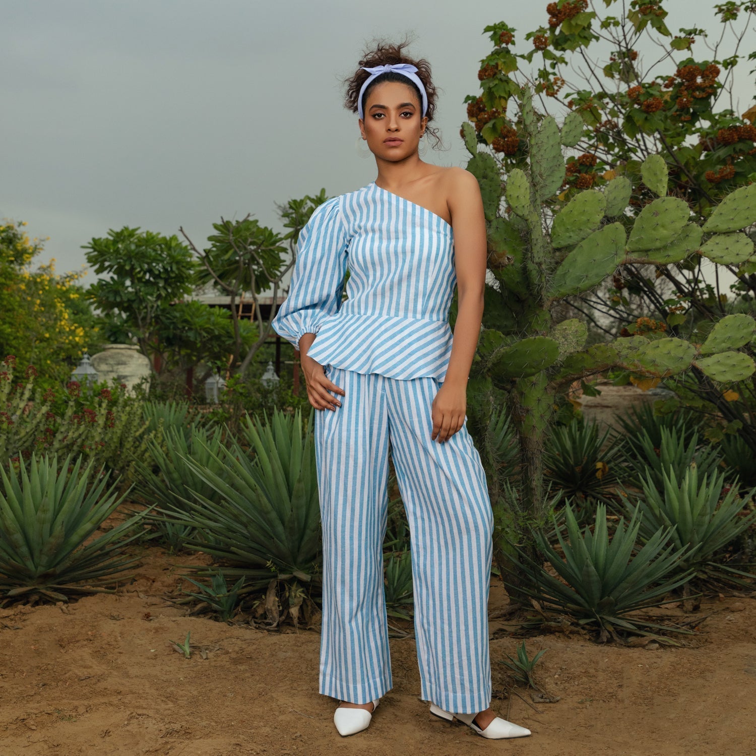 Blue Stripe Off-Shoulder Co-ord Set - Ambraee