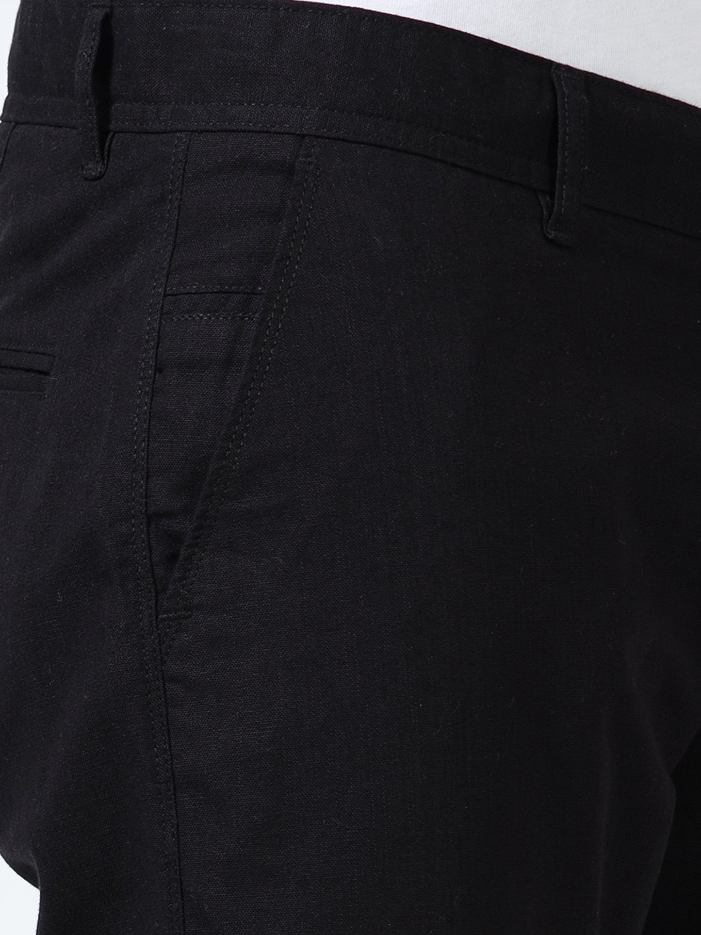Men's Black Regular Fit Solid Linen Trousers
