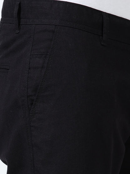 Men's Black Regular Fit Solid Linen Trousers