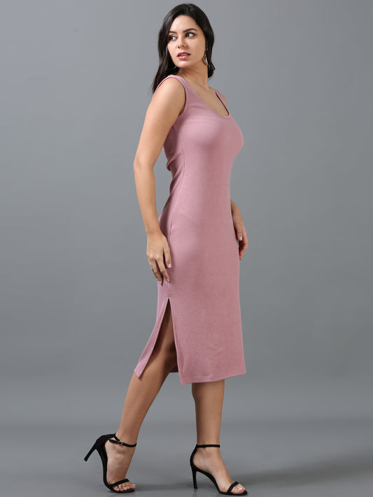 Women's Pink Solid Knitted Midi Sheath Sleeveless Dress