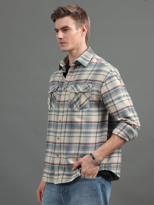 Men's Beige Checked Relaxed Fit Shirt