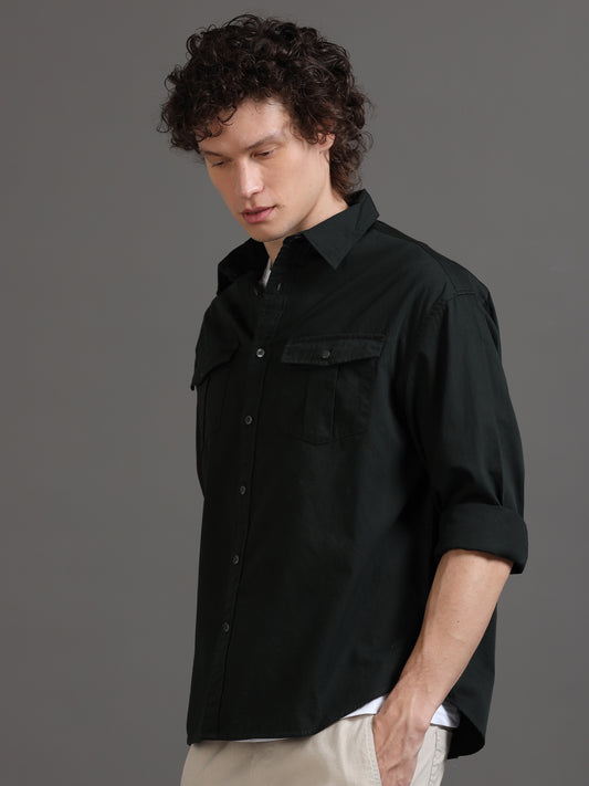 Men's Olive Solid Relaxed Fit Shirt