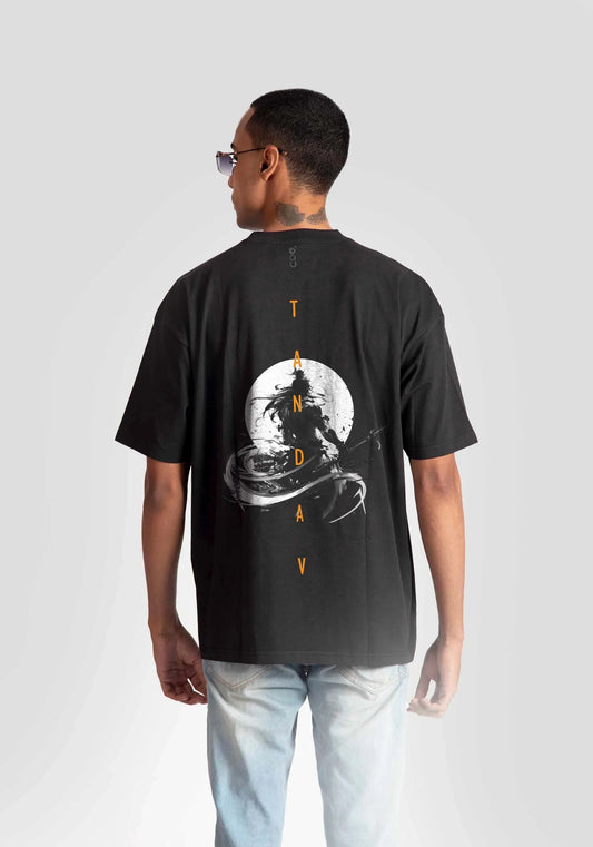 Back view of charcoal black oversized t-shirt by Stylera Lifestyle with graphic moon and astronaut design