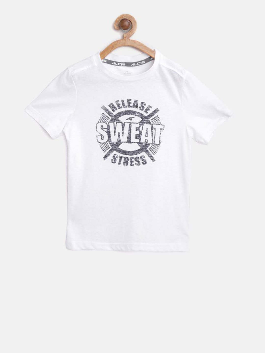 Alcis Boys White Navy Blue Printed Round Neck Training T-shirt BTE7533-4