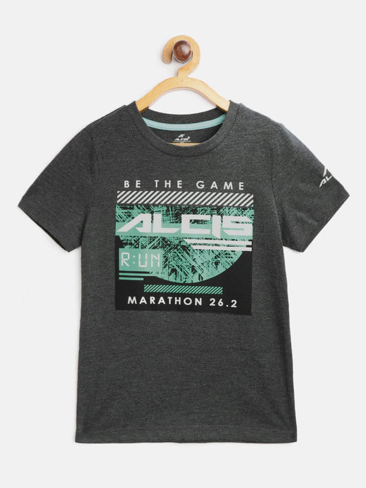 Alcis Boys Charcoal Grey & Green Printed Round Neck T-shirt BTESS1063-4Y