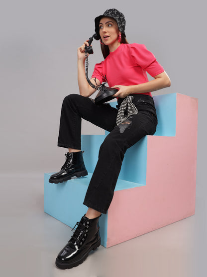 Women's Pink Solid Knitted Top