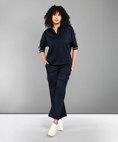 Stylish casual women's matching set navy with button-up top and wide-leg pants for comfortable wear
