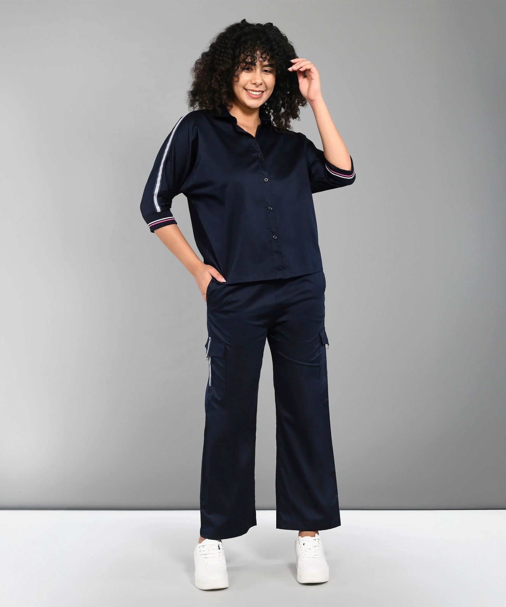 Casual women's matching set navy with button-up top and wide-leg pants for a stylish look