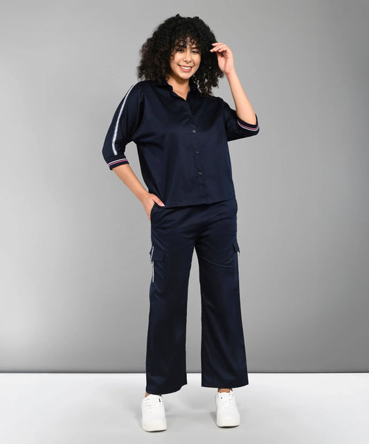 Casual women's matching set navy with button-up top and wide-leg pants for a stylish look