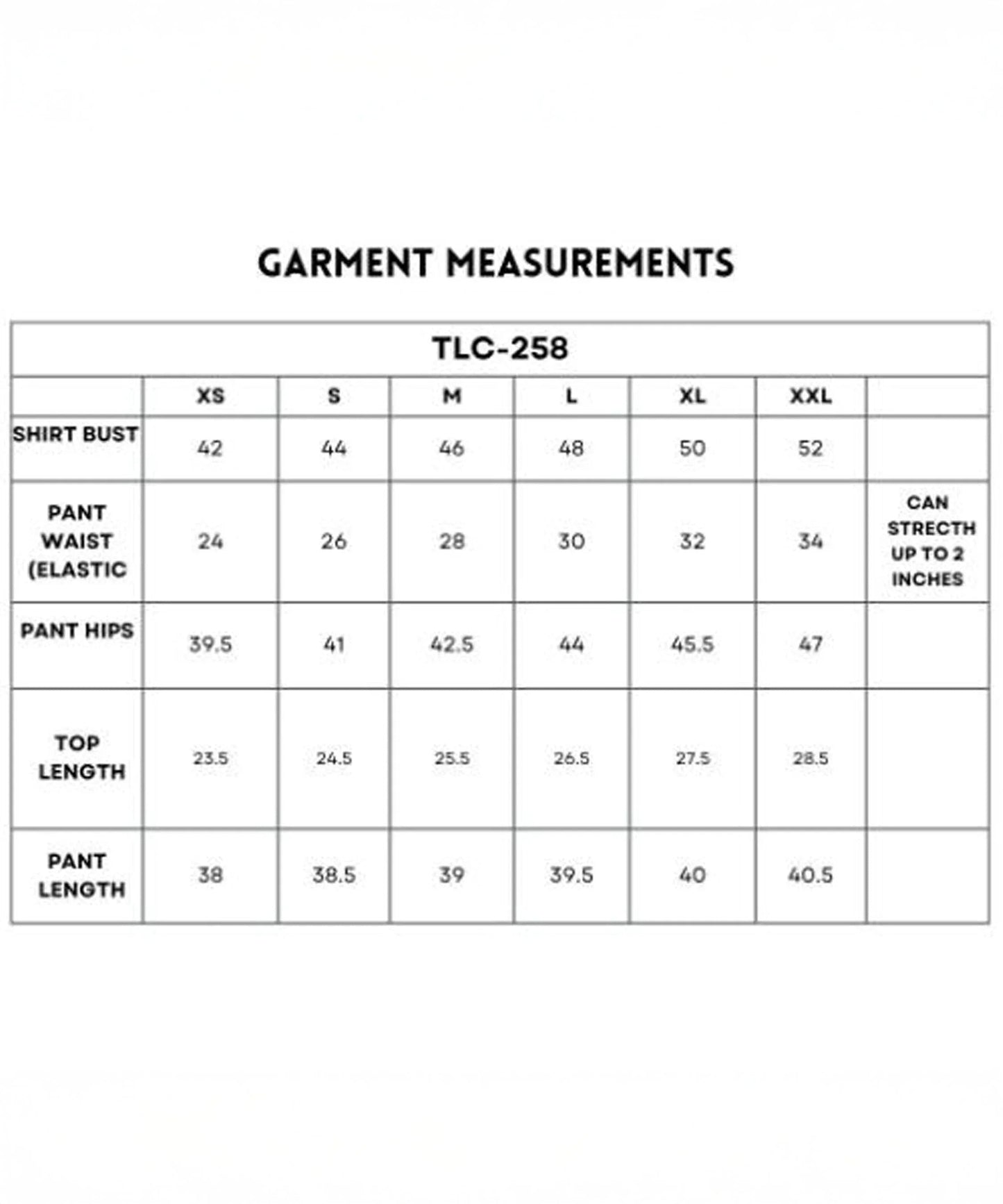 Garment measurements chart for Stylera casual women's matching set navy in various sizes