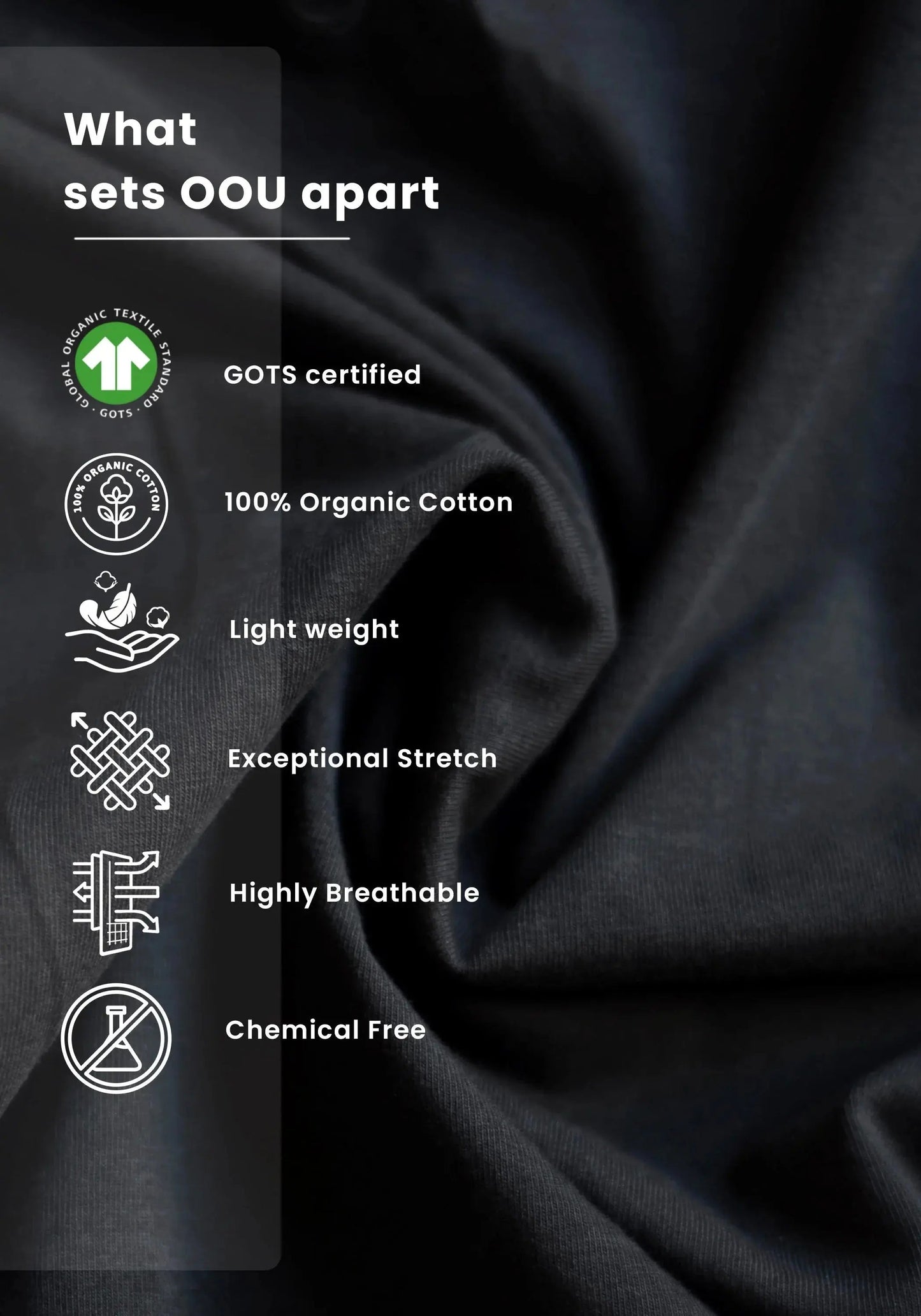 Charcoal black oversized crop top fabric showing organic cotton texture with features like lightweight and exceptional stretch