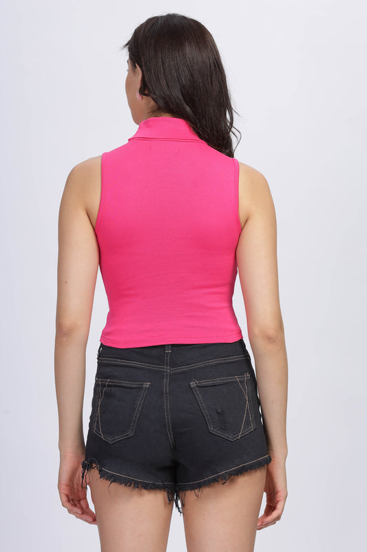 Women's Pink Solid Knitted Sleeveless Crop Top