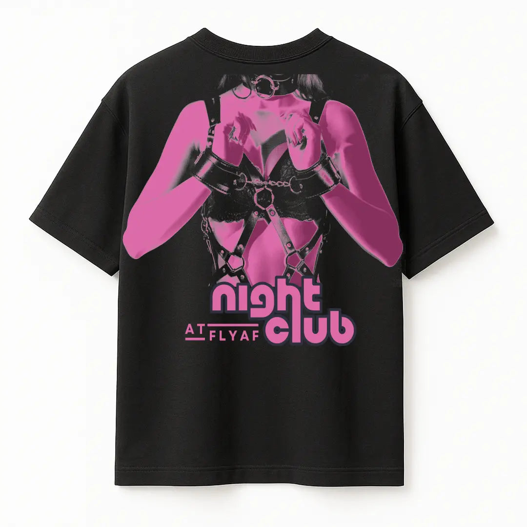 Night Club Round Neck Printed Black T-Shirt FLYAF