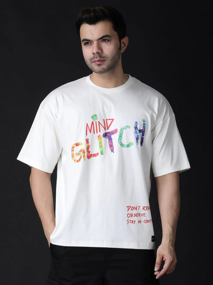 Stylstpls colorful print streetwear t-shirt featuring a vibrant 'Mind Glitch' design on a white background