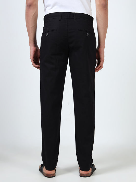 Men's Black Regular Fit Solid Linen Trousers
