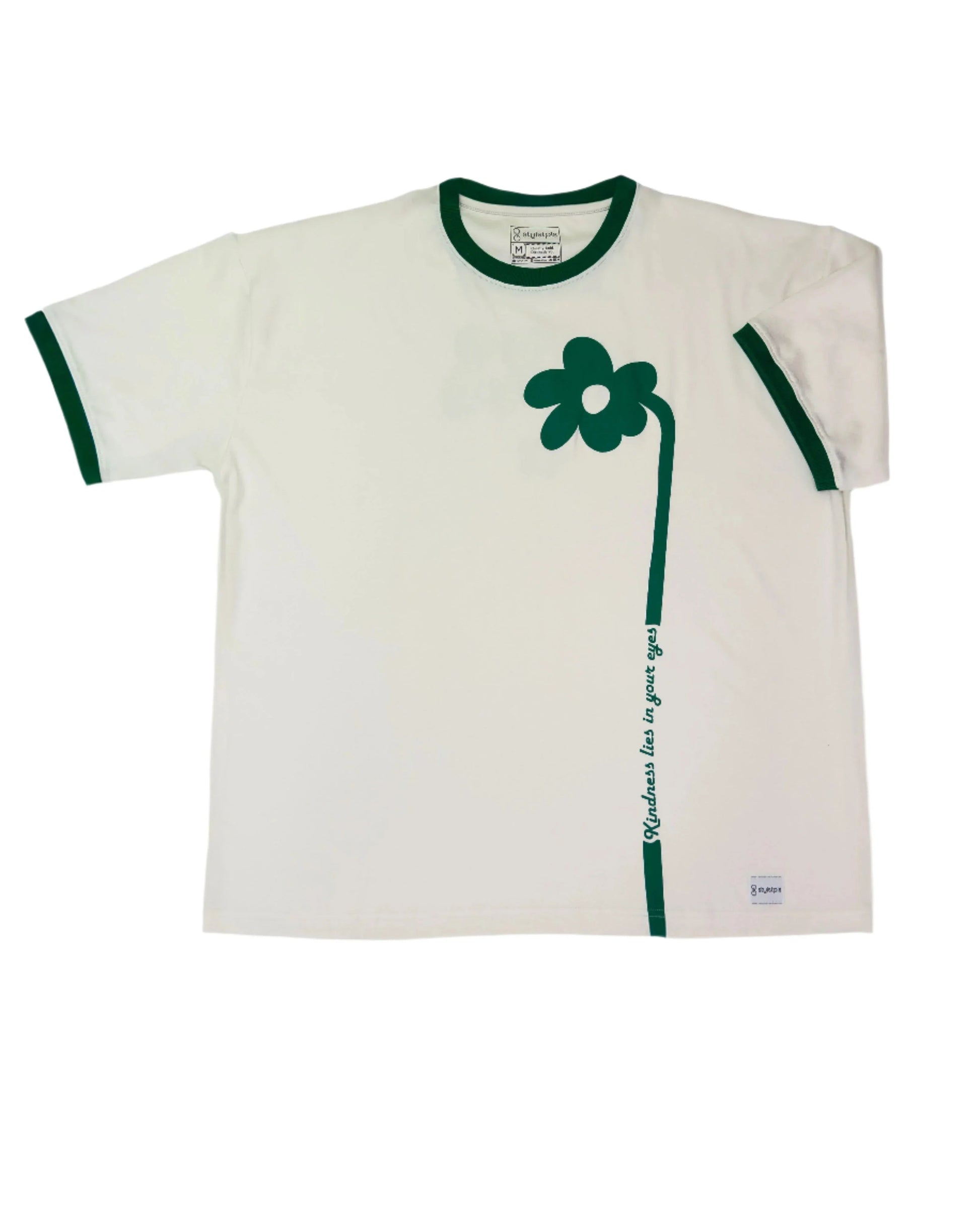 Stylstpls cream oversized flower t-shirt with green contrast collar and floral design