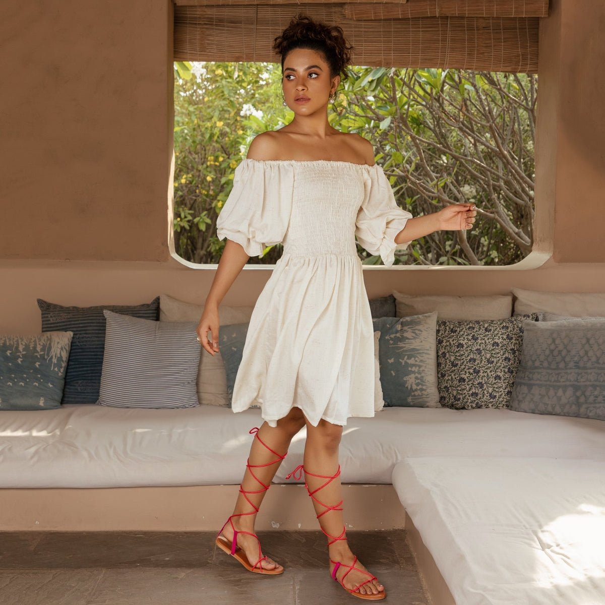 Sprinkled Cream Smock Dress - Ambraee