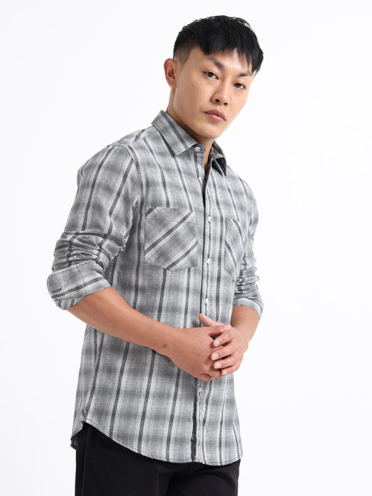 Men's Grey Tartan Checks Regular Fit Shirt