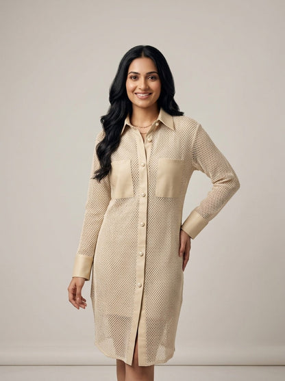 Women’s Beige Sheer Mesh Shirt Dress with Faux Leather Details
