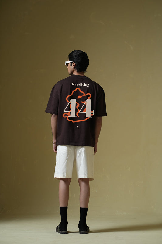 Deep Diving Printed Oversized Brown T-Shirt Main Character