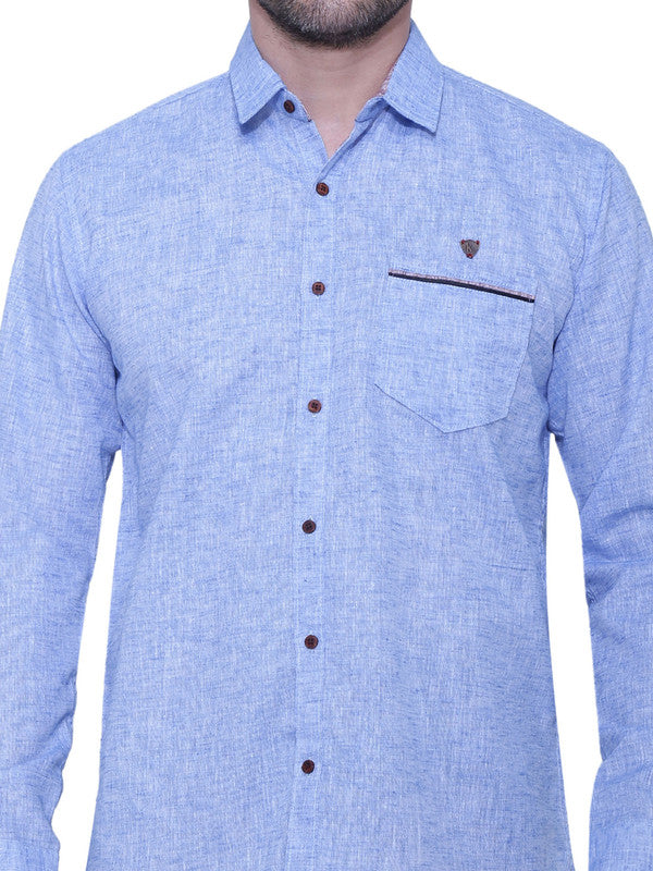 Kuons Avenue Men’s Slub Light Blue Linen-Cotton Casual Shirt